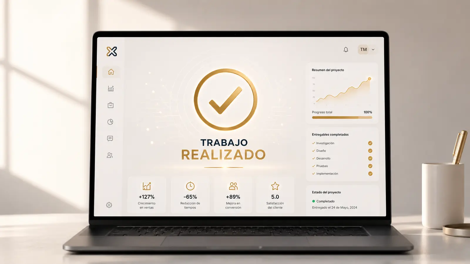 Computadora portátil mostrando un tablero de proyecto completado: progreso total al cien por ciento, entregables terminados y métricas de crecimiento en ventas, reducción de tiempos y satisfacción del cliente