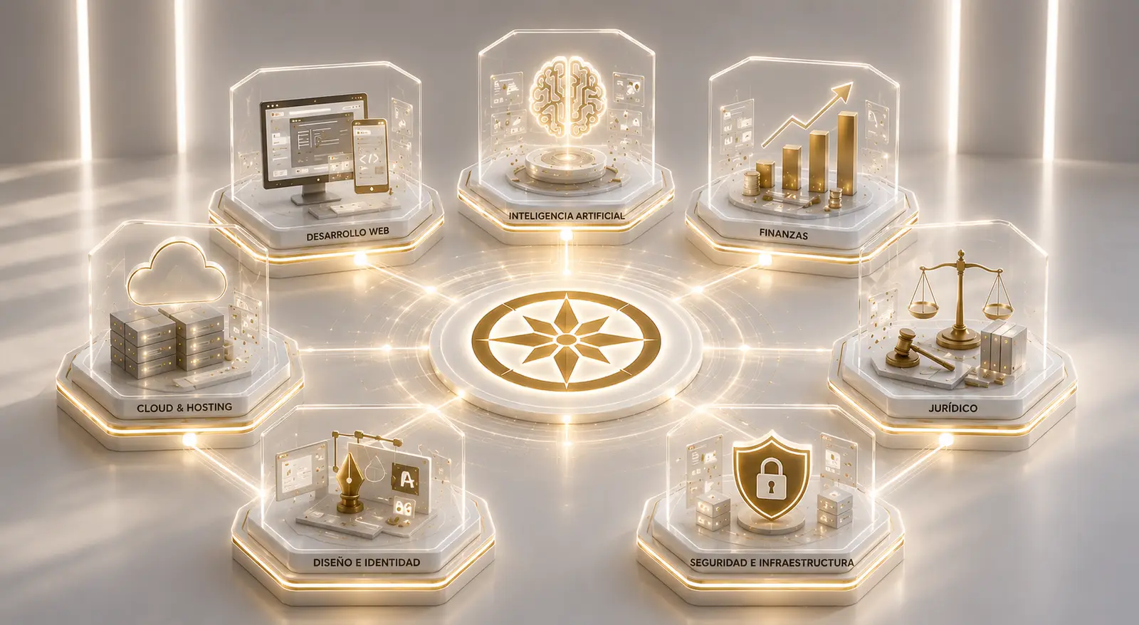 Siete servicios del ecosistema TLANEXTIA representados como vitrinas de cristal conectadas entre sí: desarrollo web, inteligencia artificial, finanzas, cloud y hosting, jurídico, diseño e identidad, y seguridad