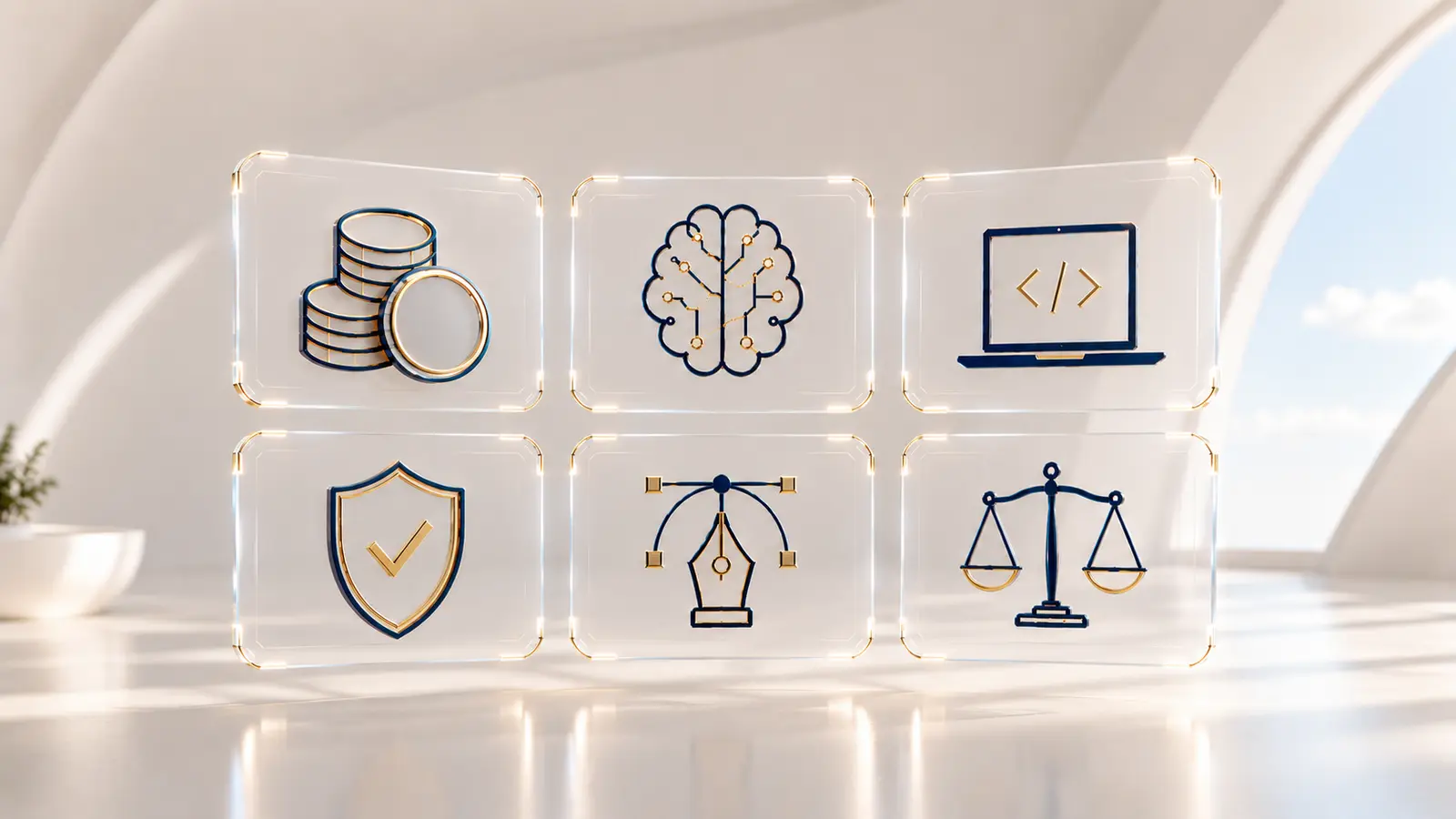 Seis vitrinas de cristal con los iconos de los sectores del catálogo: finanzas, inteligencia artificial, desarrollo web, seguridad, diseño y jurídico
