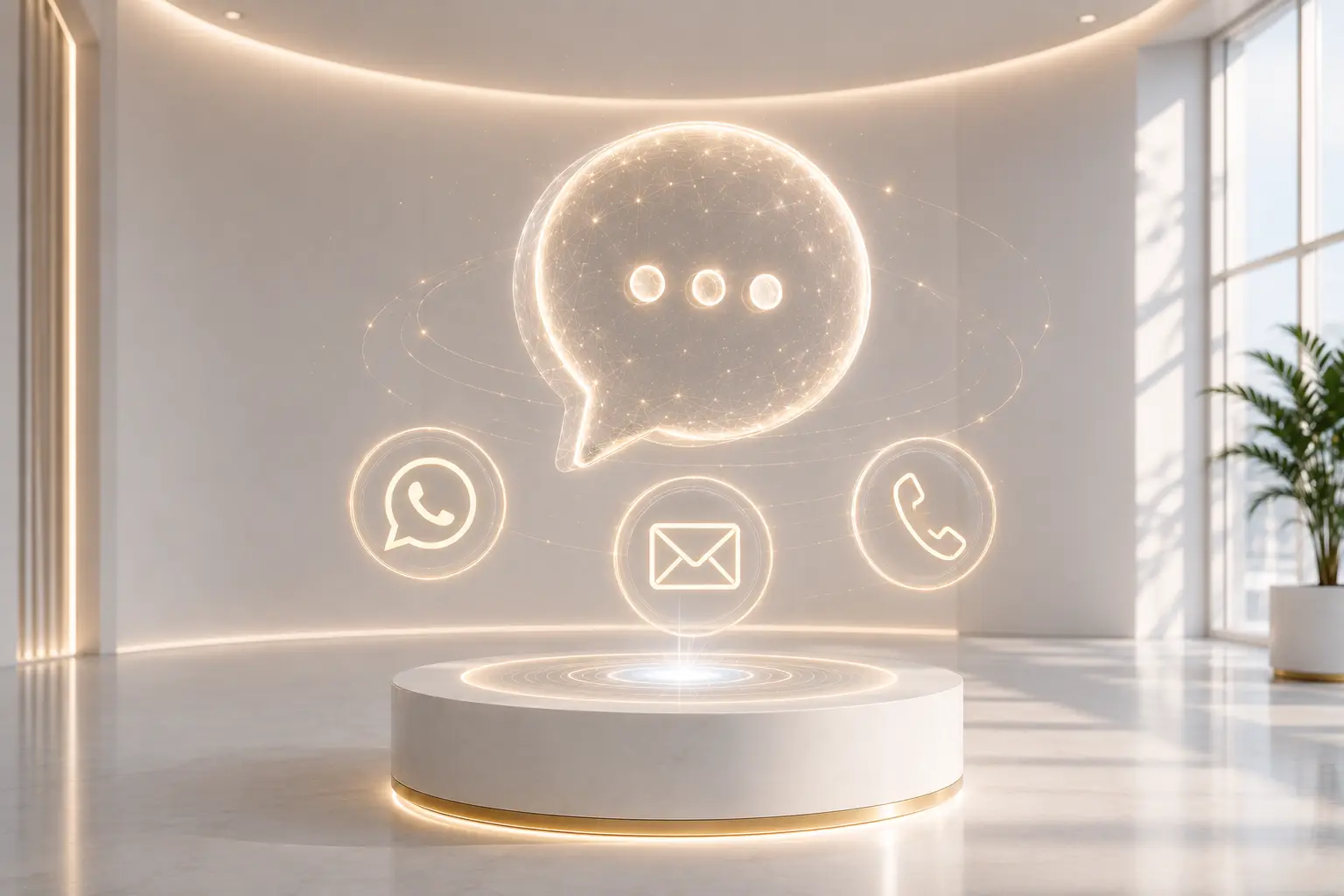 Burbuja de conversación luminosa sobre un podio, rodeada por los iconos de WhatsApp, correo y teléfono