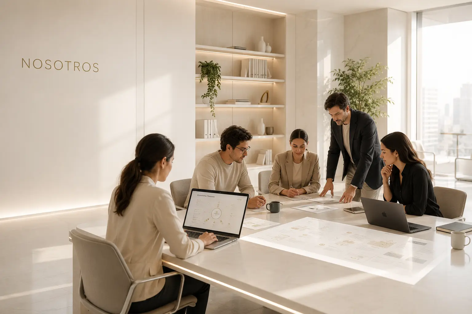 Escena ilustrativa de un equipo de trabajo colaborando alrededor de una mesa con computadoras portátiles en una oficina clara