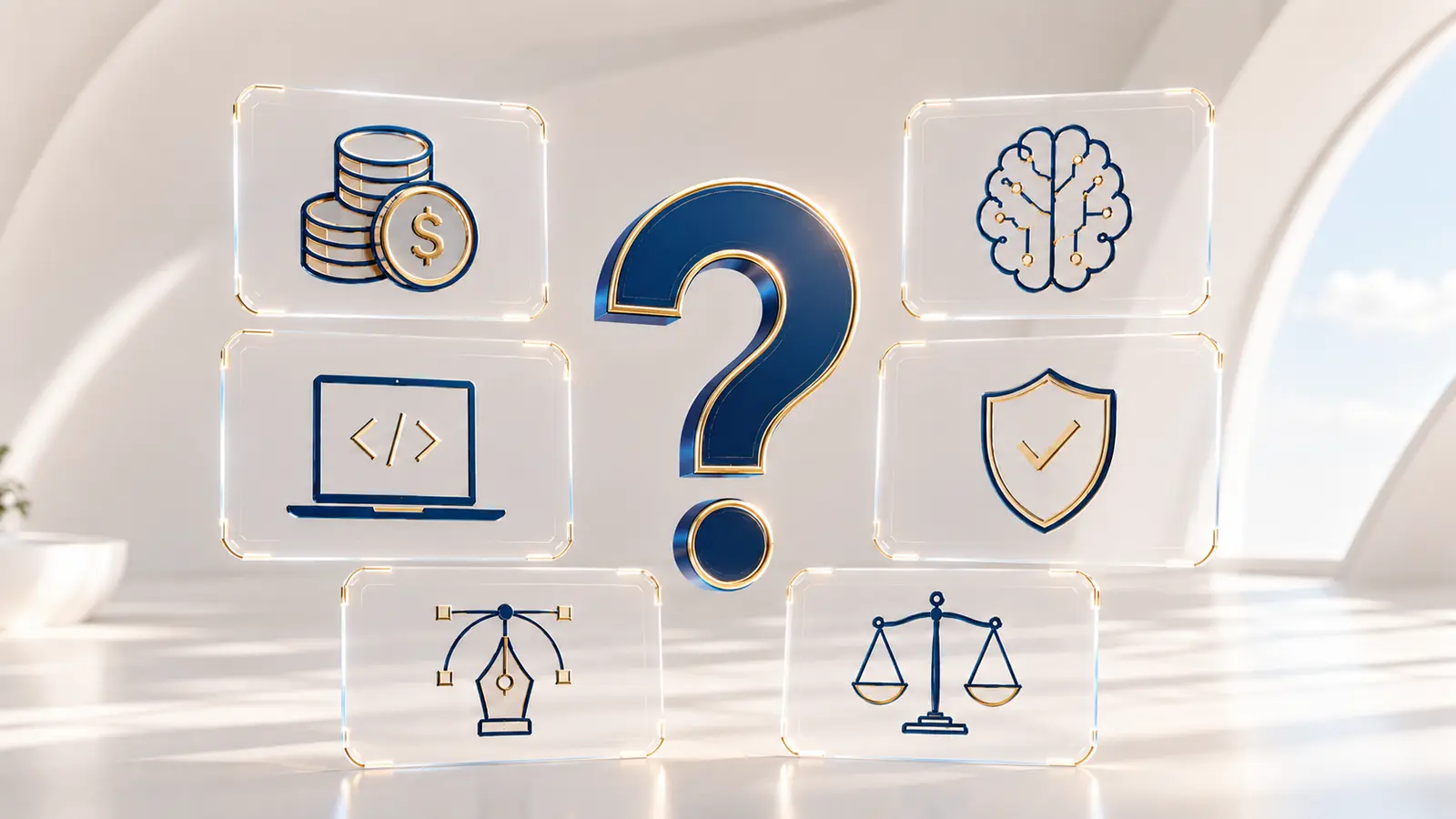 Un signo de interrogación rodeado por seis paneles de cristal con iconos de finanzas, inteligencia artificial, desarrollo, seguridad, diseño y jurídico