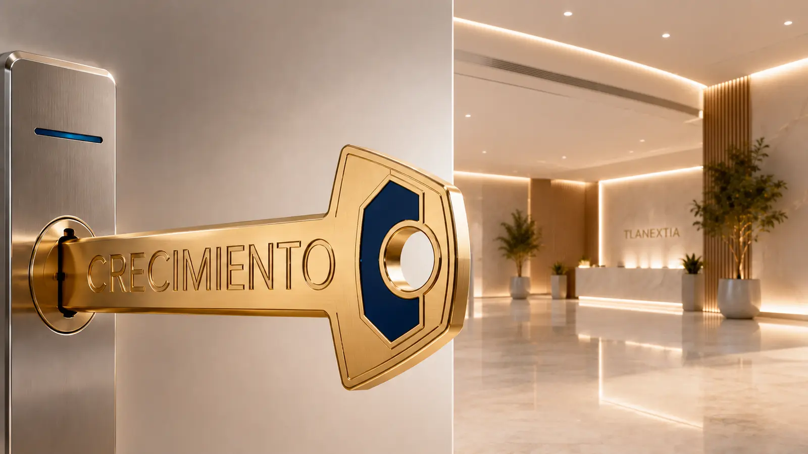 Llave dorada grabada con la palabra crecimiento entrando a la cerradura de un vestíbulo corporativo de TLANEXTIA