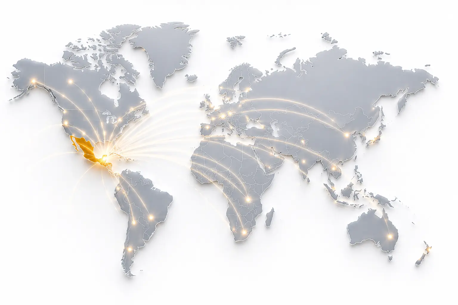 Mapa del mundo con México iluminado en dorado emitiendo conexiones hacia ciudades de todos los continentes